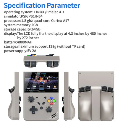 Portable Retro Gaming Console R43 PRO Handheld Game Player 4.3” Screen 256G 70000+ Games for PS1 PSP N64 Play Anytime Anywhere